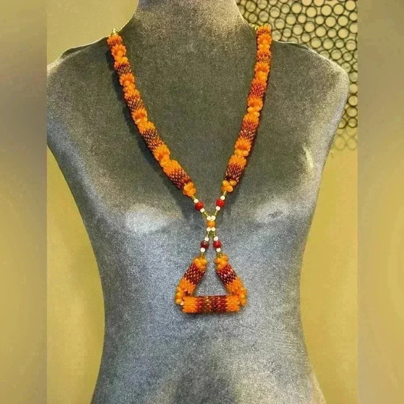 Set- Vintage Beaded Orange and Brown Necklace and Pierced Earring Set - Picture 2 of 5